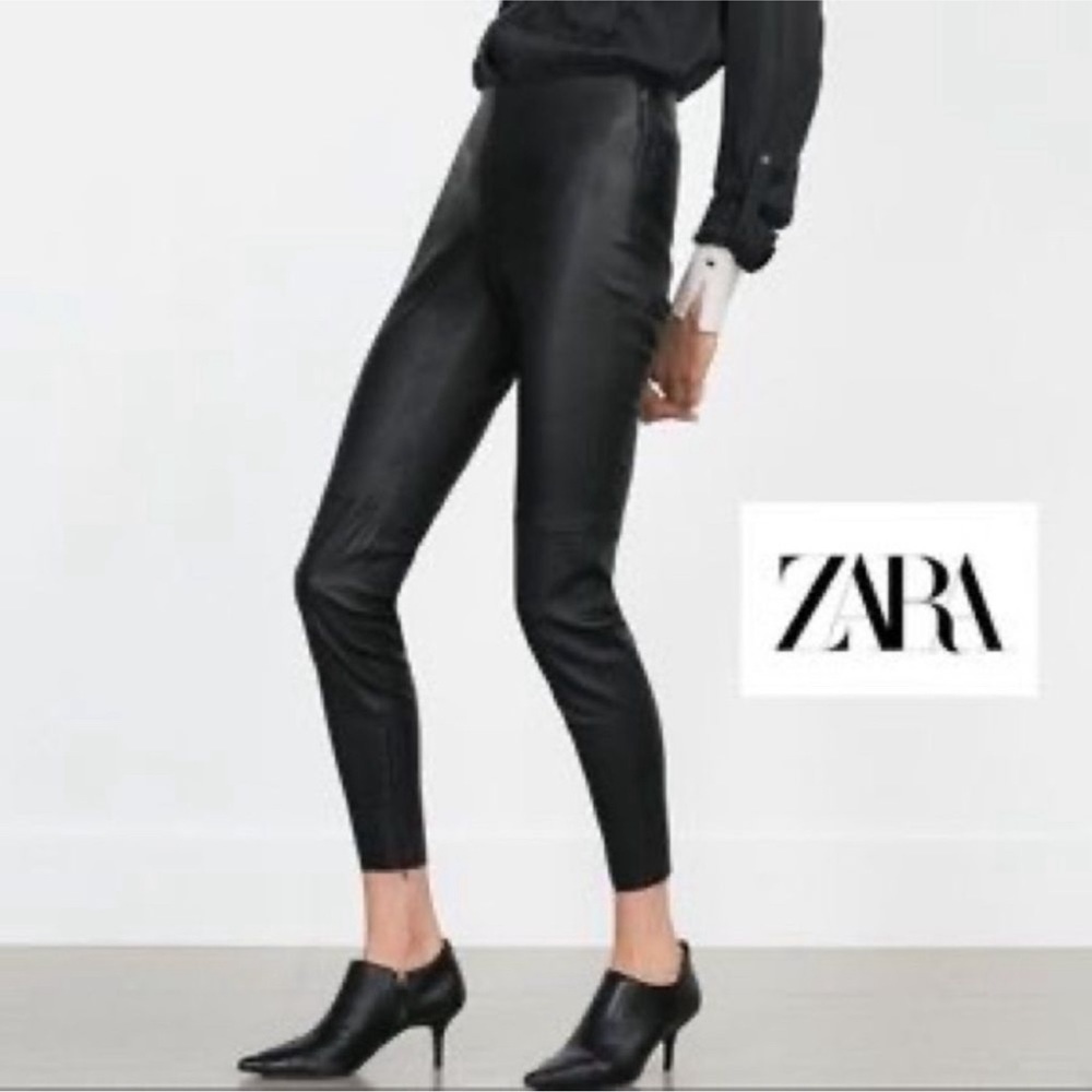 Zara black faux leather high rise zipper ankle leggings Sz S vegan pleather